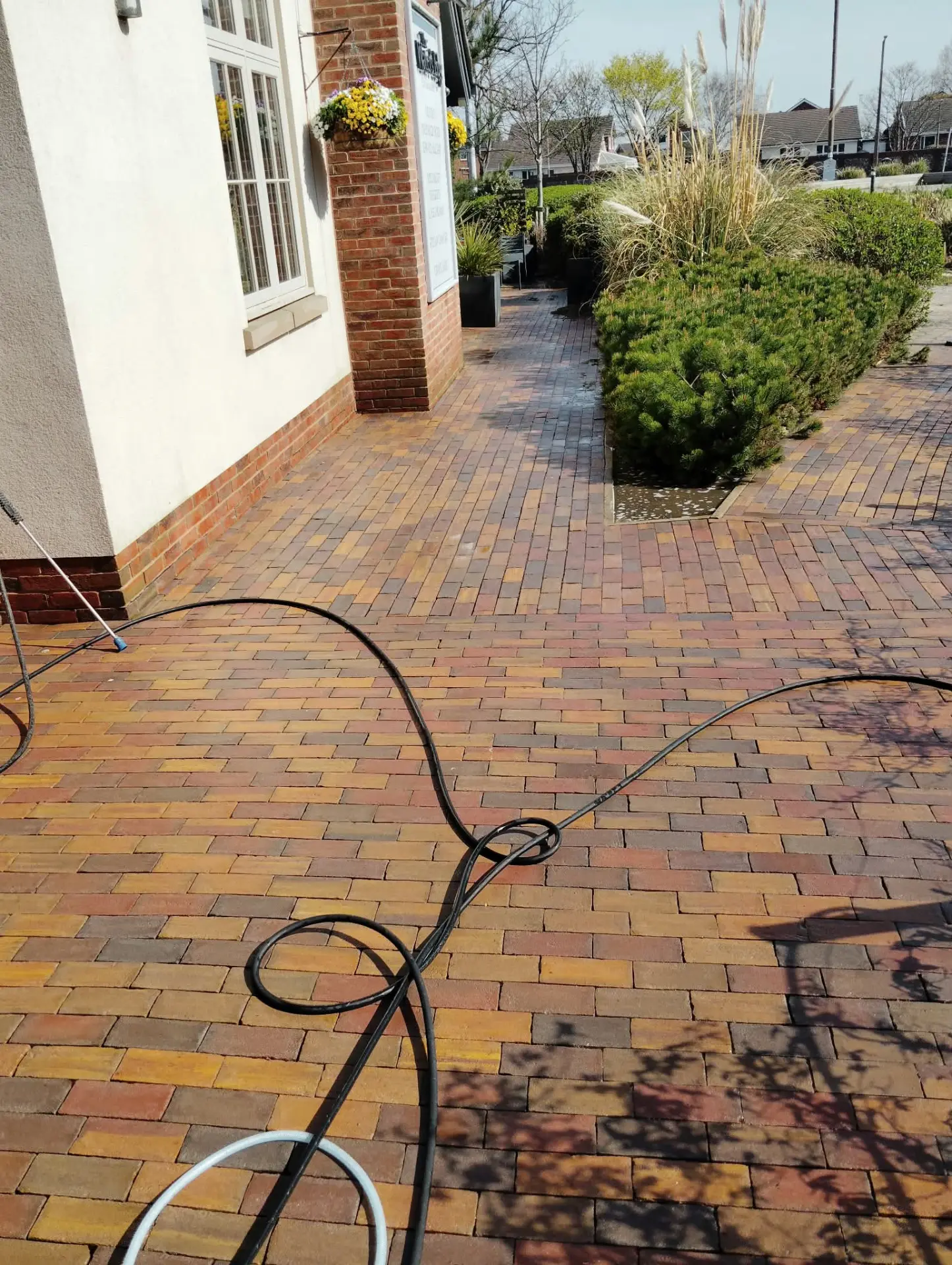 Freshly washed clay block paving beside a rendered and brick elevation