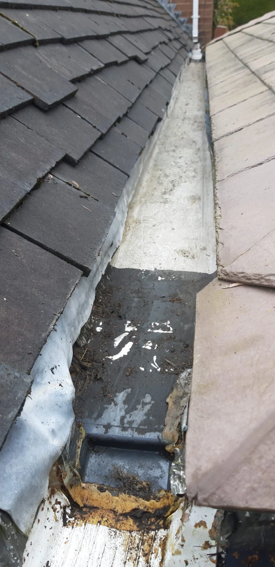 Roof valley gutter with moss and organic build-up prior to cleaning