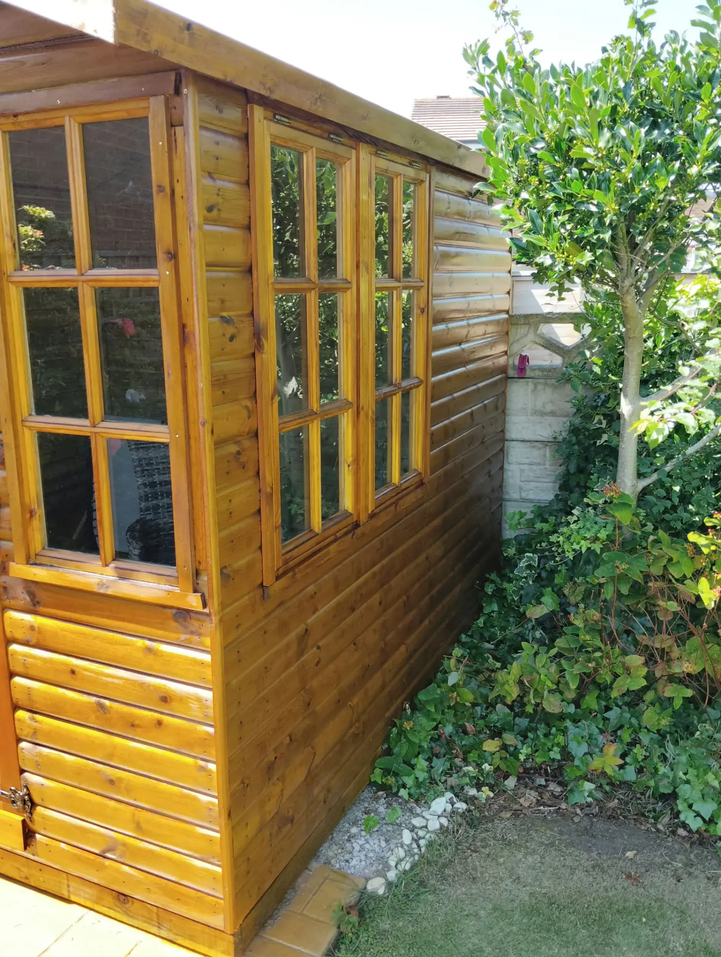 Restored timber cladding and windows on a garden building after staining and sealing