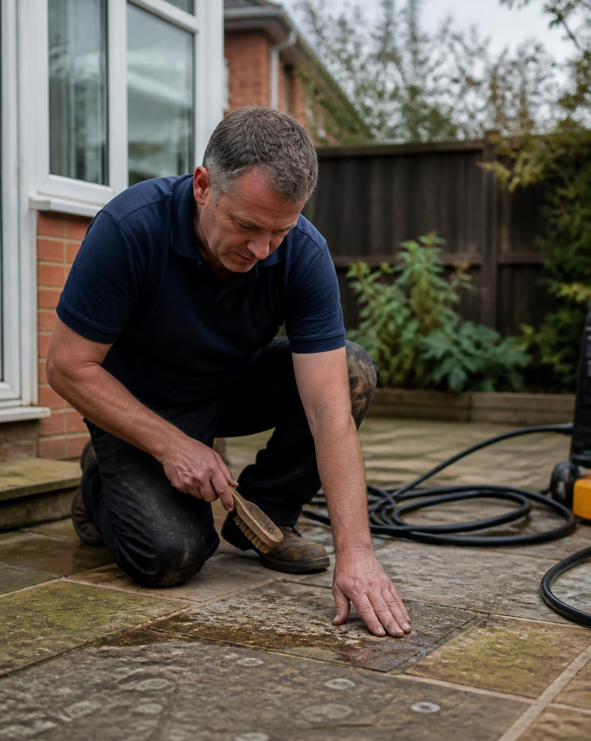 Technician assessing a natural stone patio